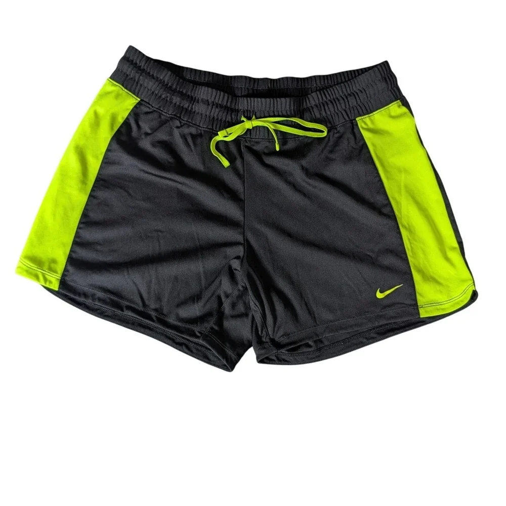 Nike Womens Dri-FIT Athletic Shorts Black Neon Lime Green Running Workout Gym
